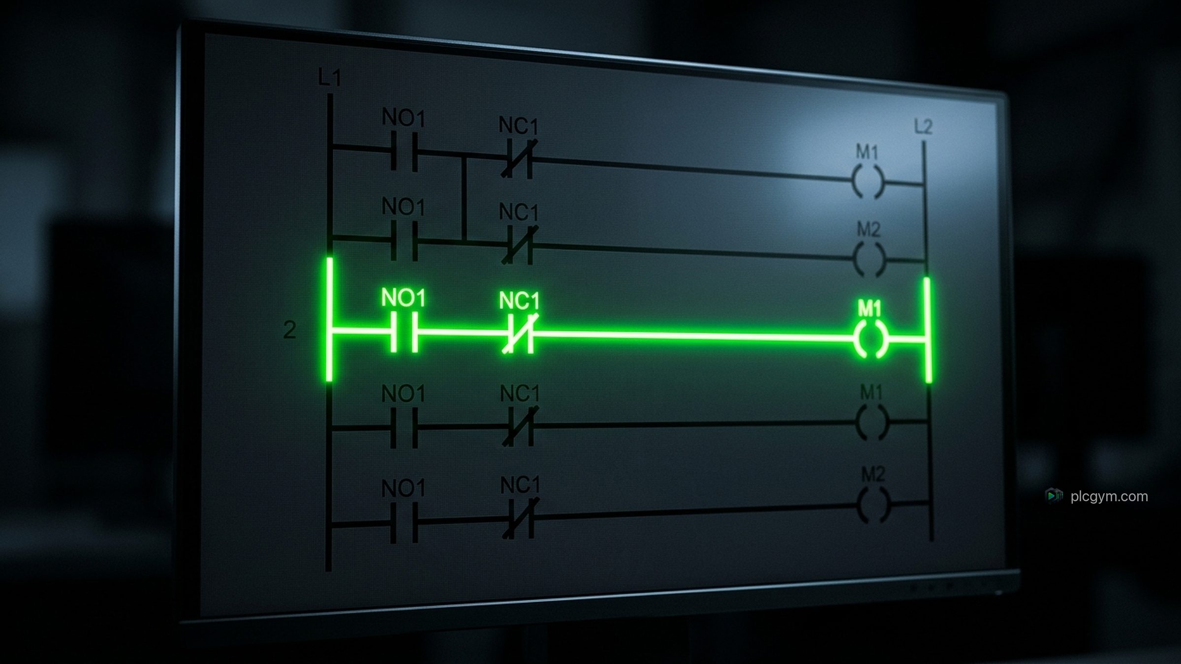 A ladder logic program on screen, with green highlighted contacts showing power flowing along a rung.