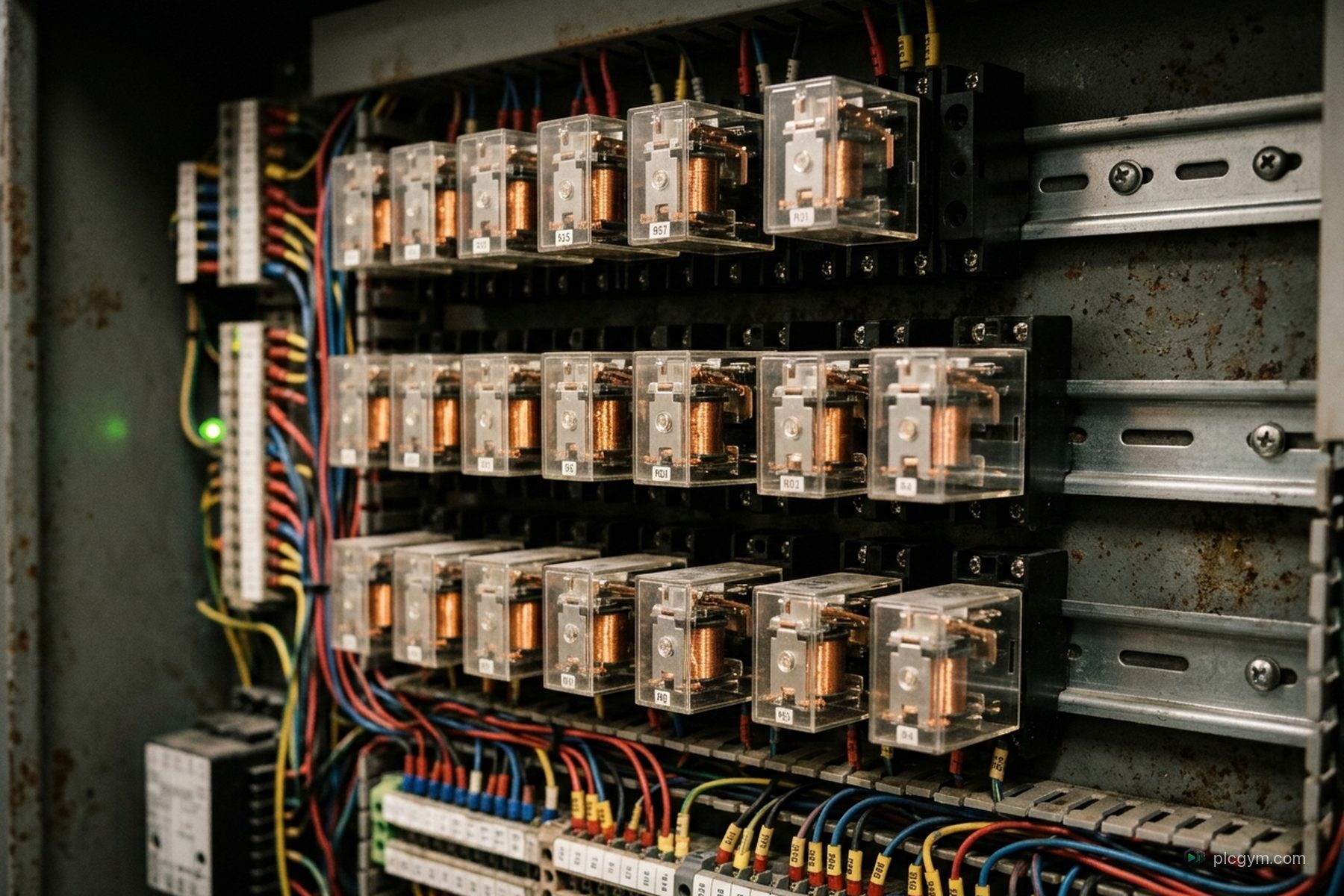 Rows of old electromechanical relays wired inside a grey control panel.