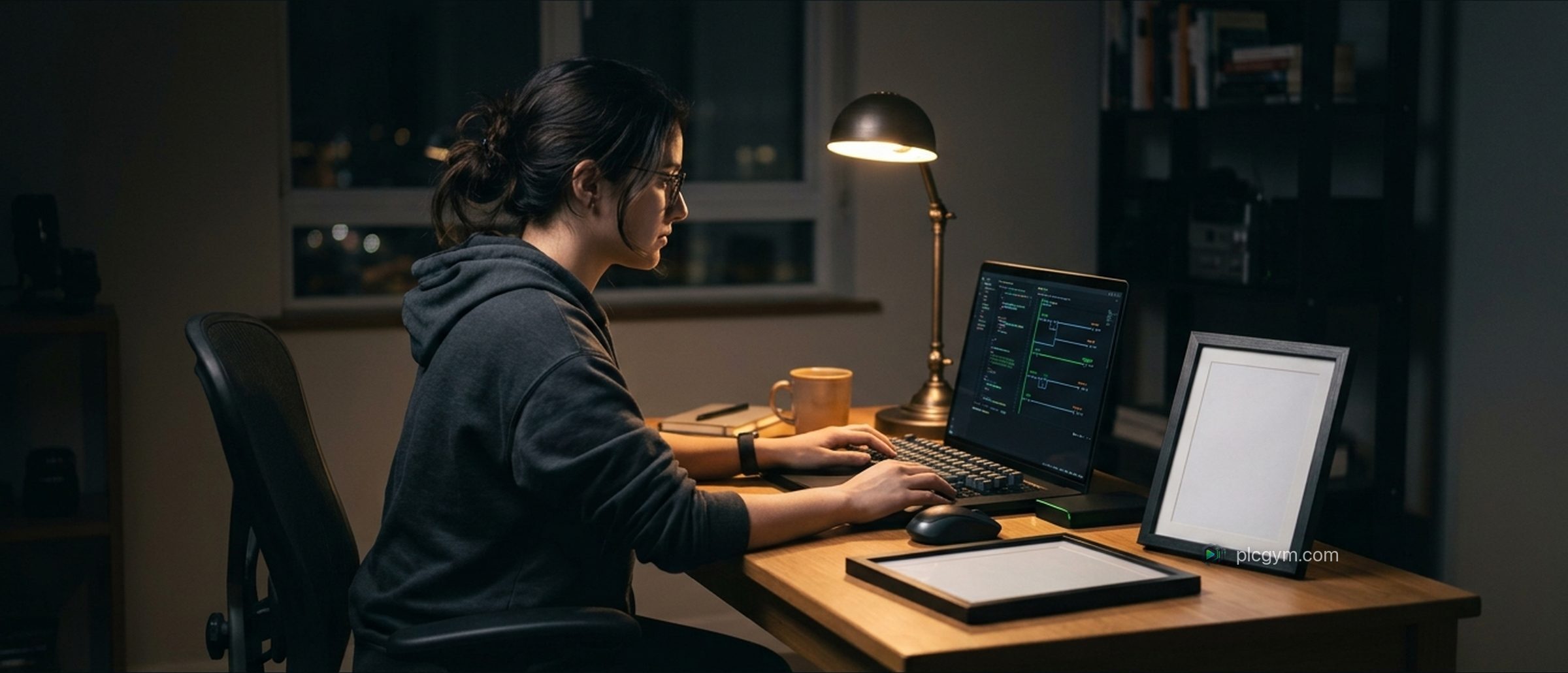 A learner at a desk working through PLC code on a laptop, with a printed certificate beside the keyboard.