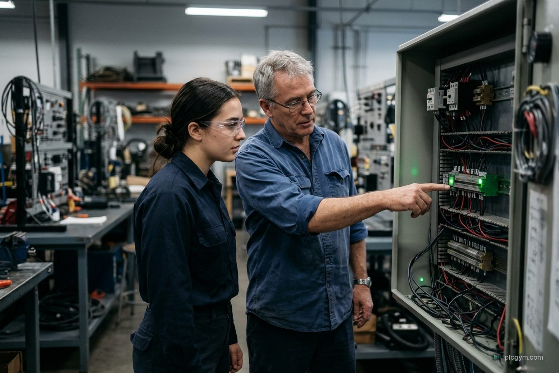 An apprentice and an experienced engineer looking at a control panel together in a college workshop.