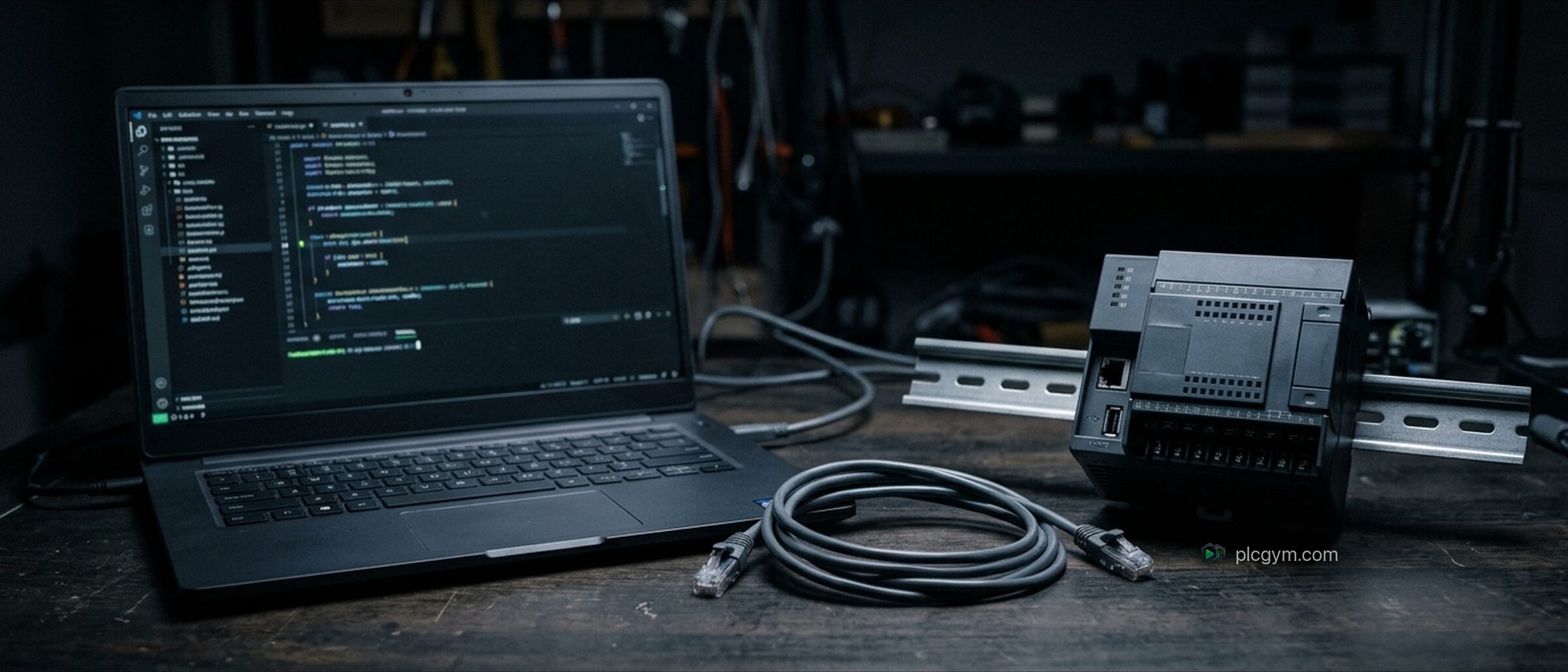 A laptop showing PLC code beside a desktop PLC that is switched off, on an engineer's desk.