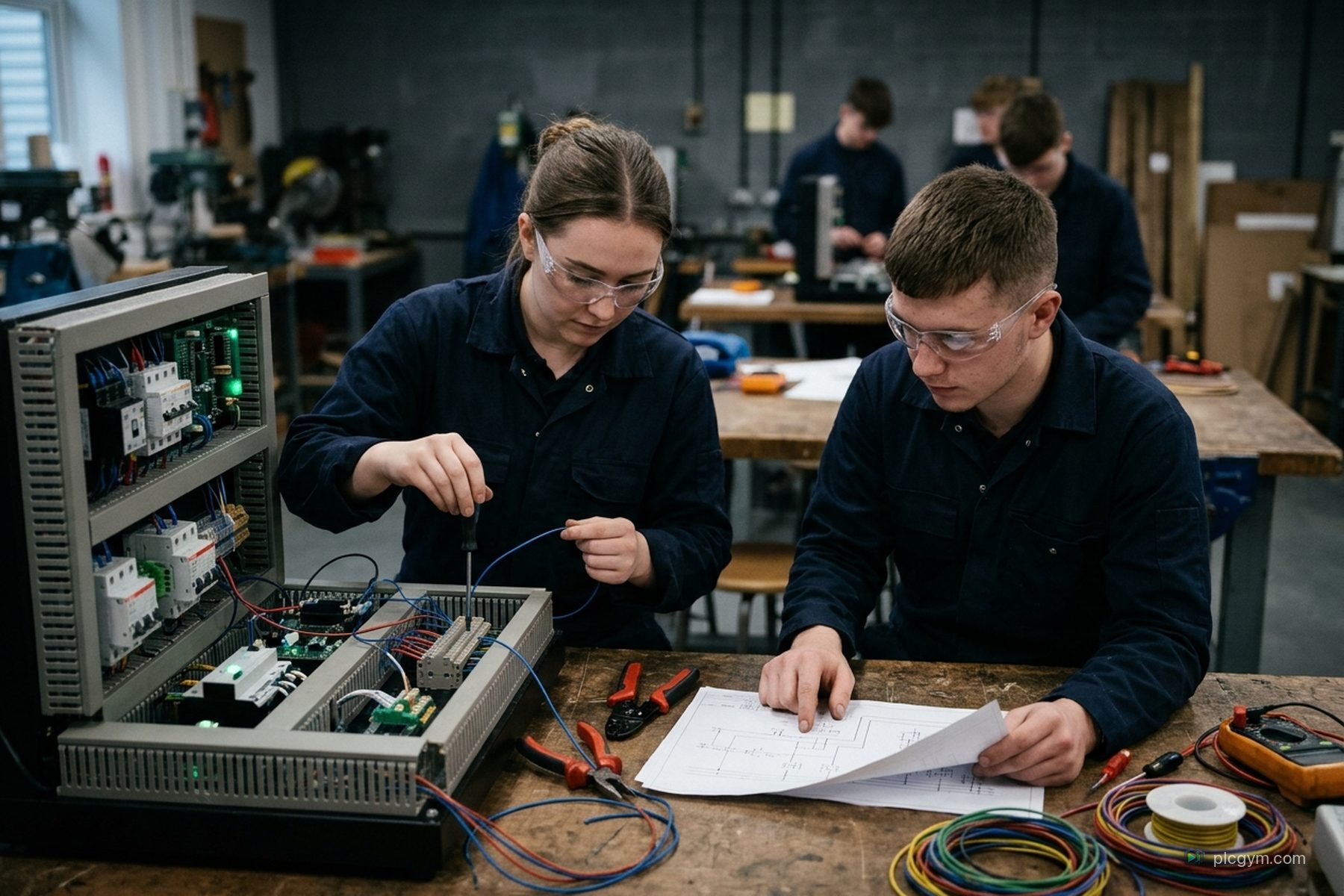 Two apprentices in safety glasses wiring a training rig in a college workshop.