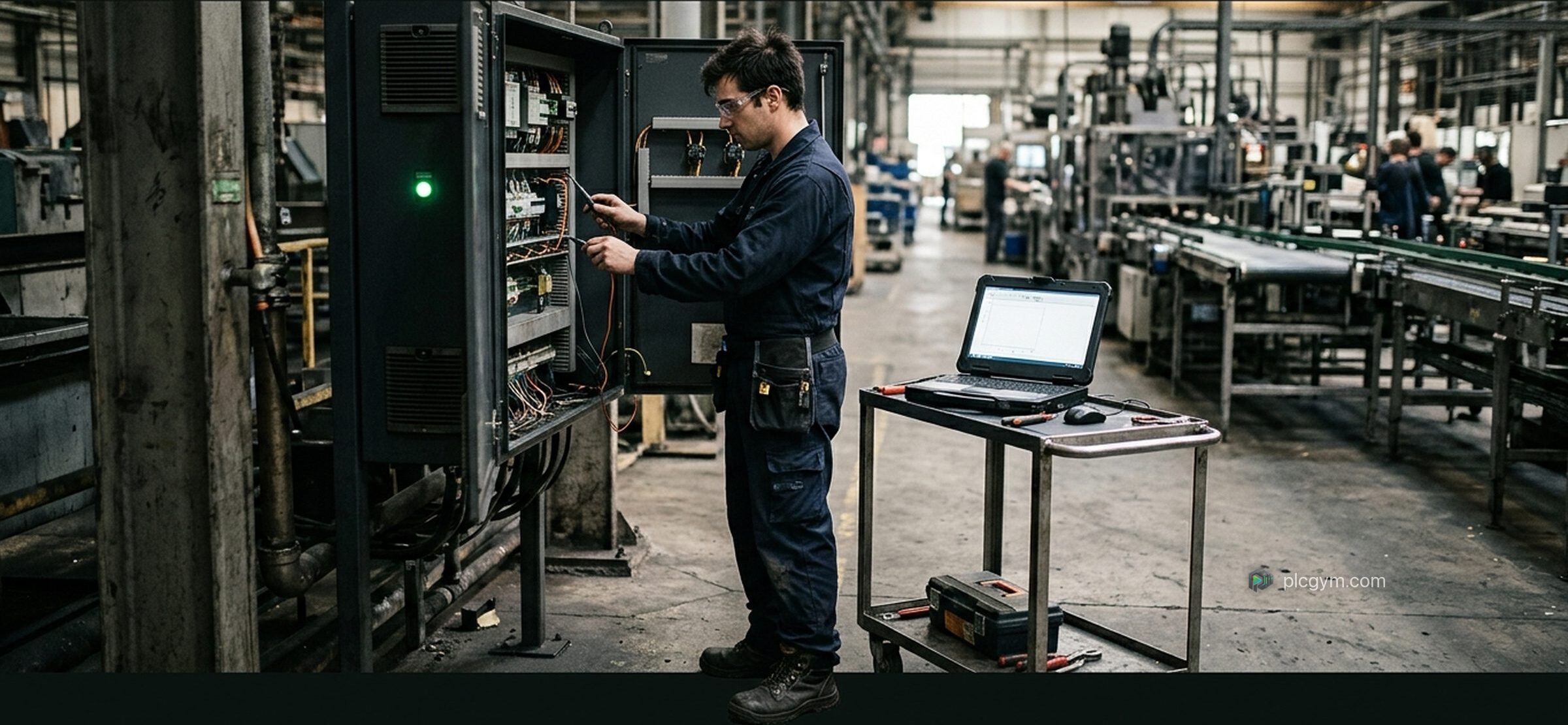 A maintenance technician in overalls checking a control panel on a factory floor with a laptop open beside them.