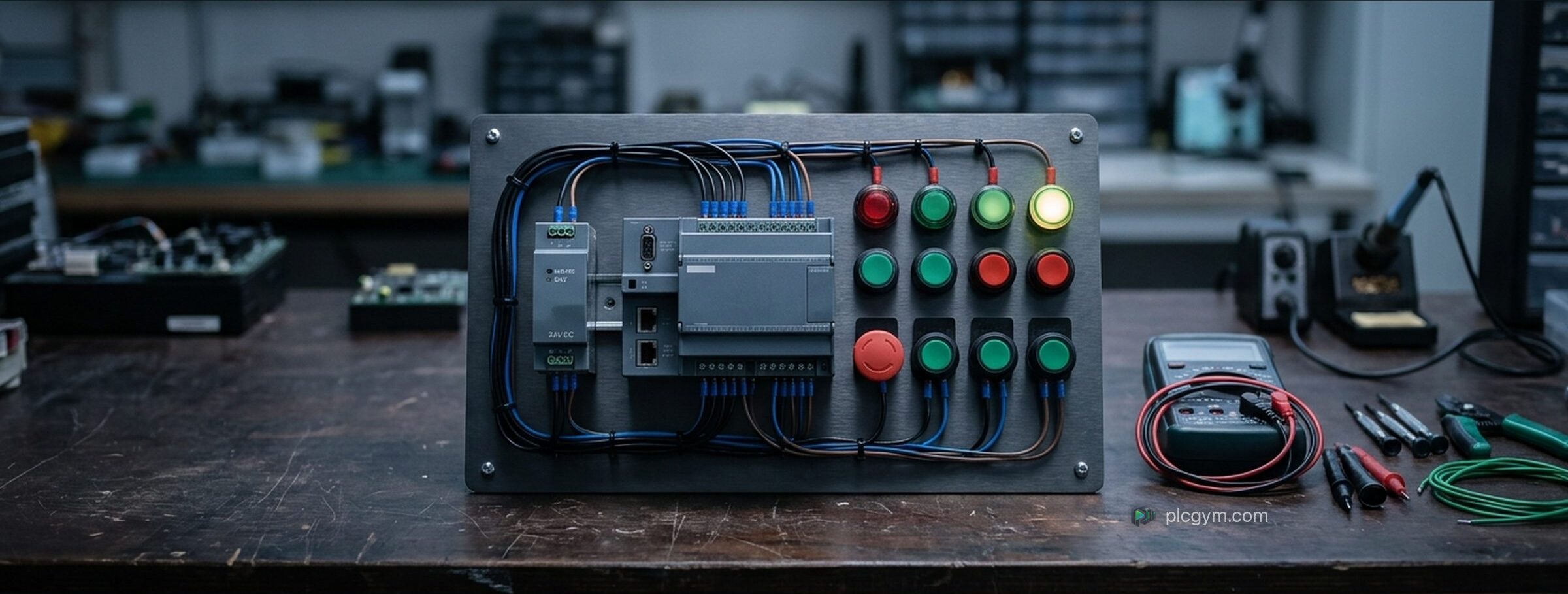 A small PLC trainer board on a workbench, with push buttons, indicator lamps and a compact PLC wired together.