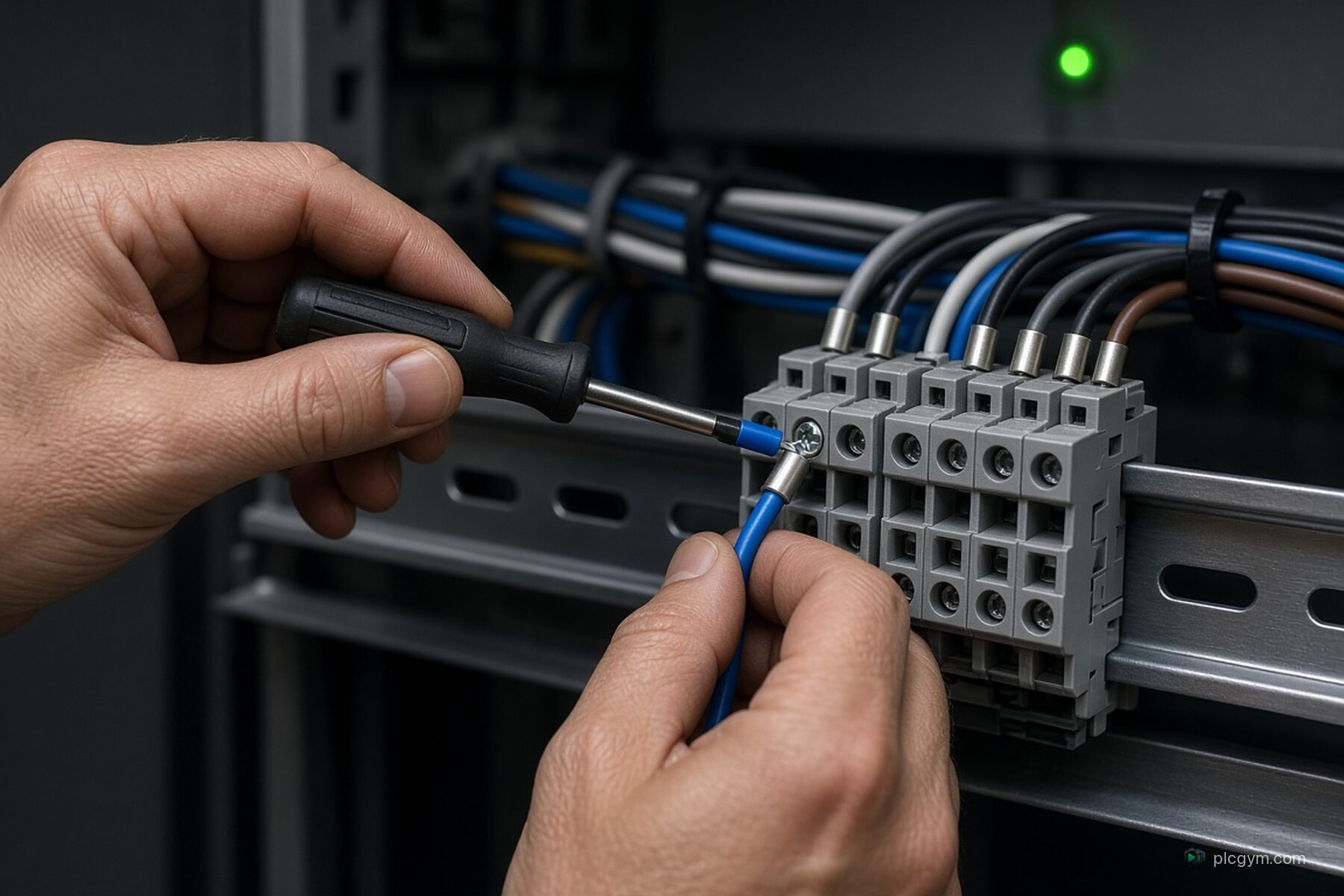 Hands using a small screwdriver to land a wire in a PLC terminal block.