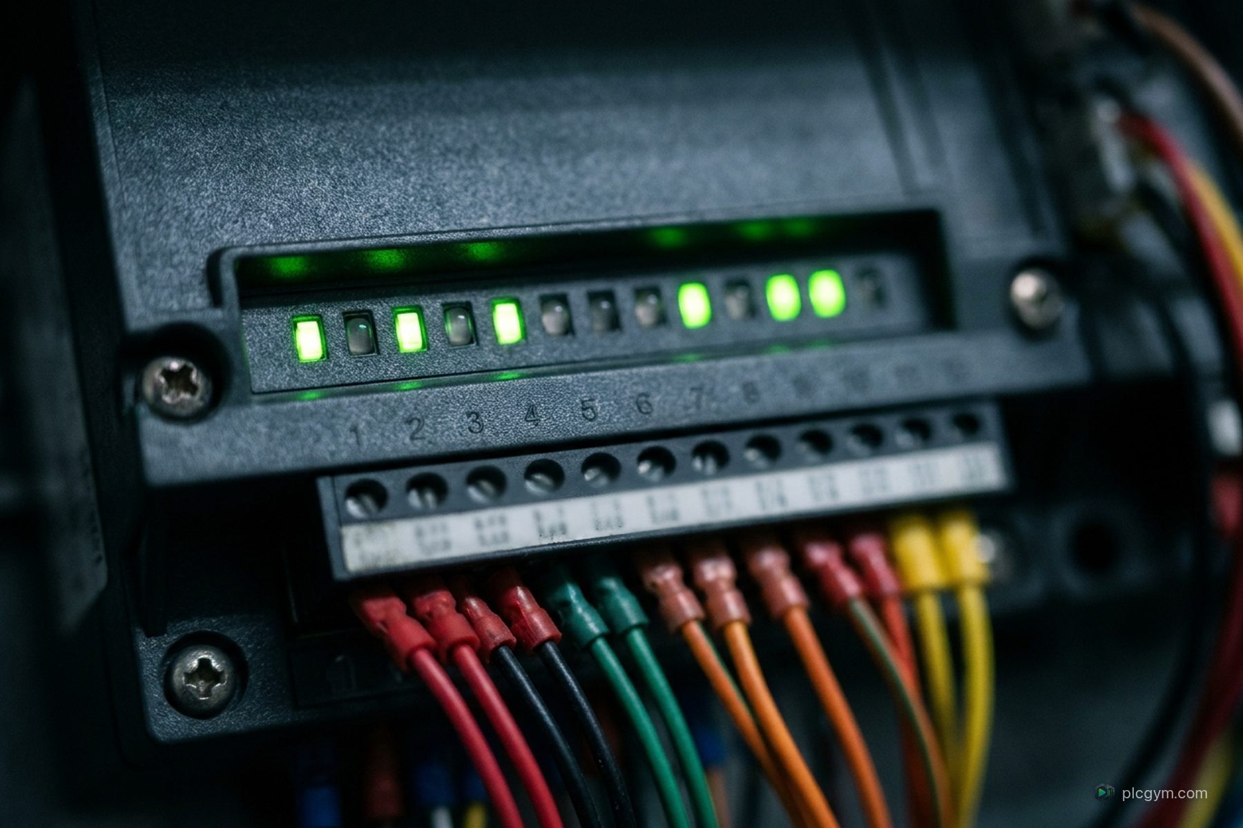 A close view of a PLC input card with its small green status lights lit.
