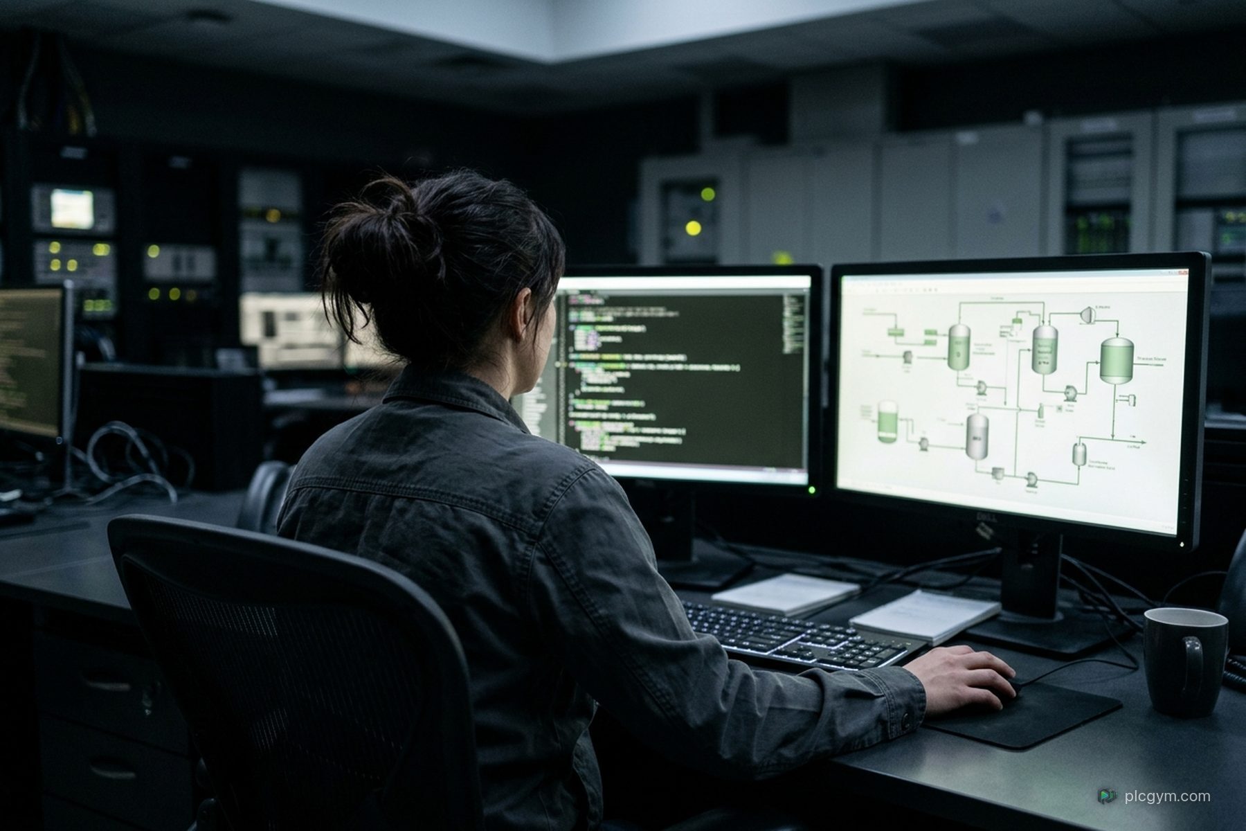 An engineer at a workstation with code on one screen and a process overview on the other.