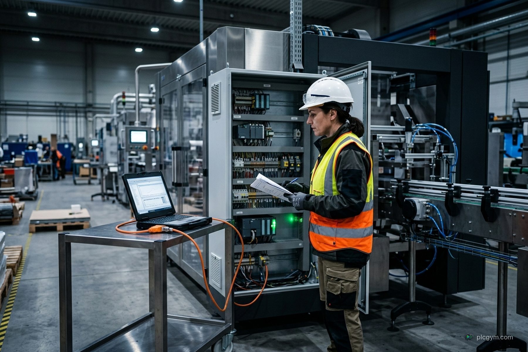 A commissioning engineer standing at a machine with a laptop on a trolley.