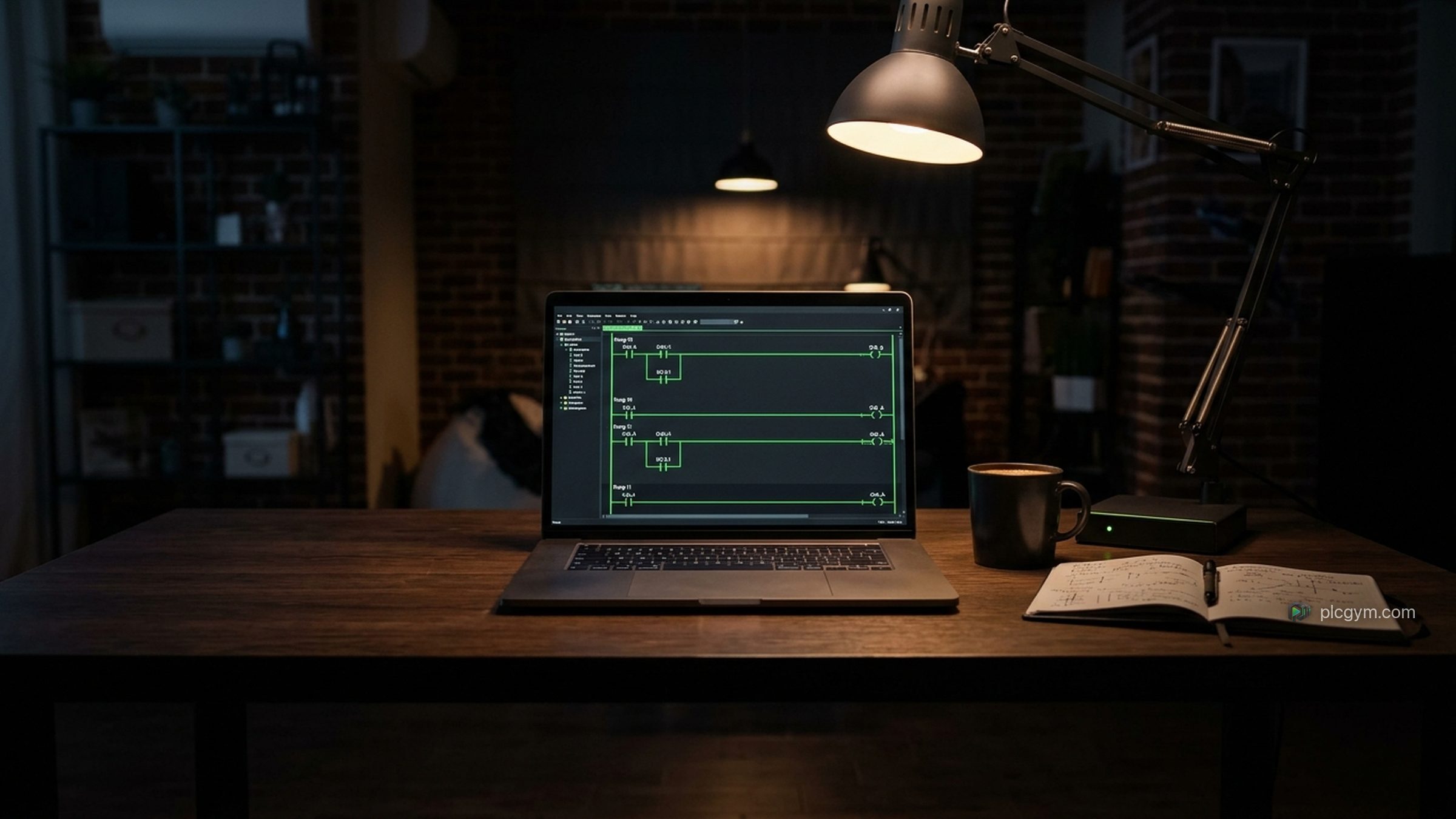 An engineer's laptop showing a ladder style program, next to a coffee mug and a notebook of handwritten notes.